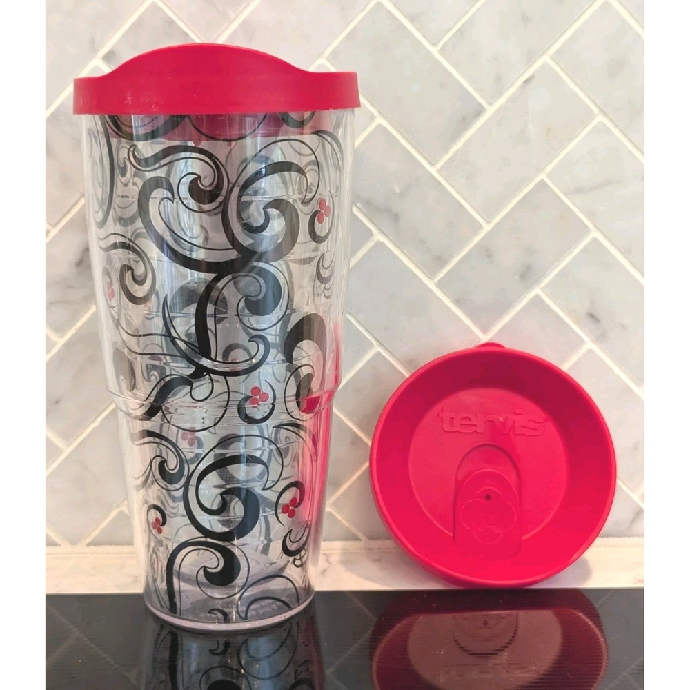 Tervis Tumbler with 2 Red Lids Black Red Berry Swirl 24 oz Double Insulated Cup